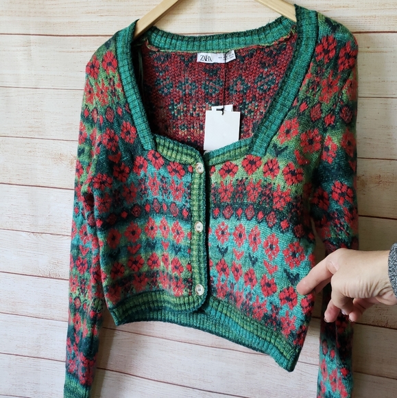 NWT Zara Floral Jacquard Knit Cropped Long Sleeve Button Front Cardigan - Picture 5 of 12